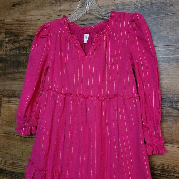 GAP Kids Metallic Stripe Dress L 10 12 Pink Gold Metallic Tiered Ruffle Accent - Picture 2 of 10